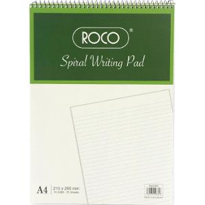 Roco Spiral Standard Writing Pad A4, 70 Sheets (140 Pages), Lined, White